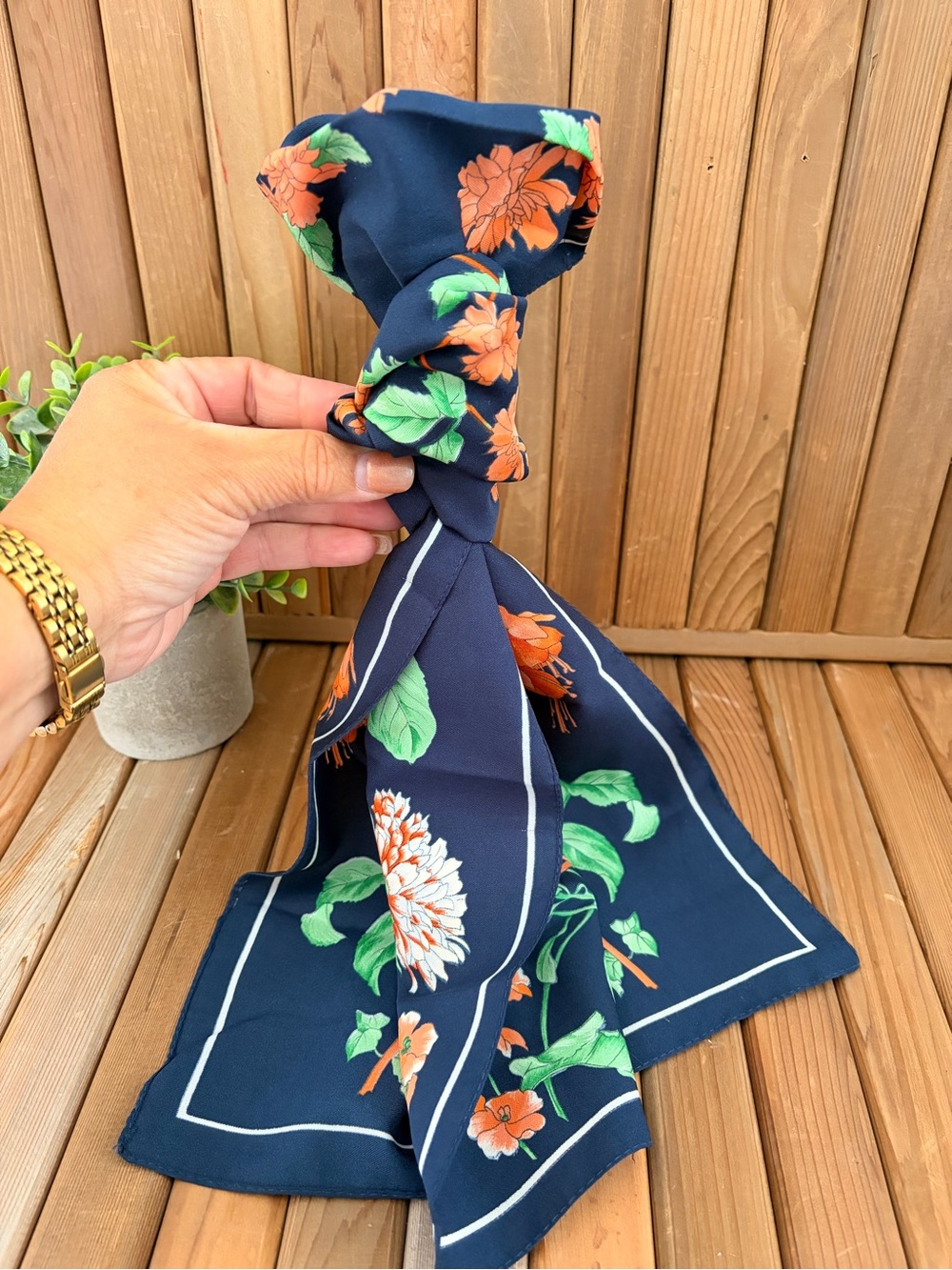 Vintage Floral Scarf with Orange & Green Blooms, Midcentury Silk, Cottagecore - Picture 5 of 5